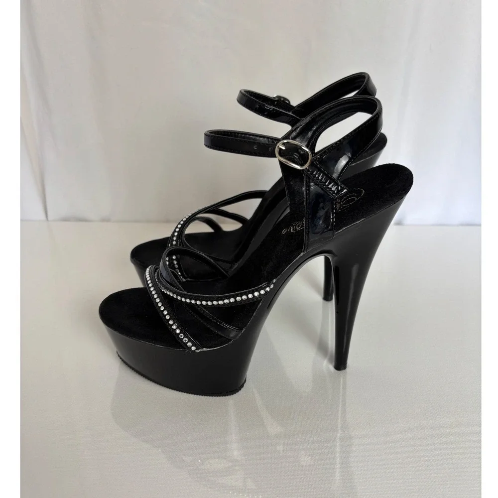 Pleaser Delight-616-3 Black Patent Platform Rhinestone Exotic Dancer Sz 7